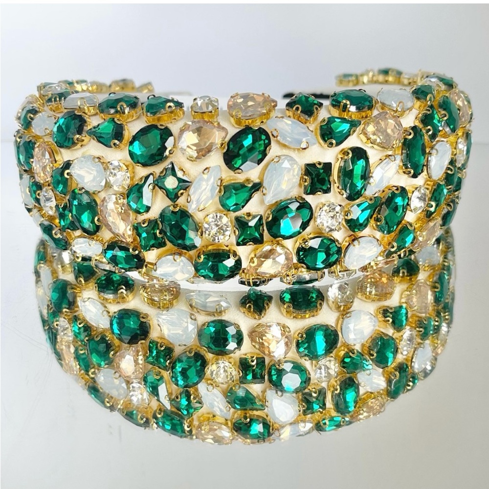 Oversized green and gold and silver crystal headband hair band big padded Alice - Picture 2 of 3